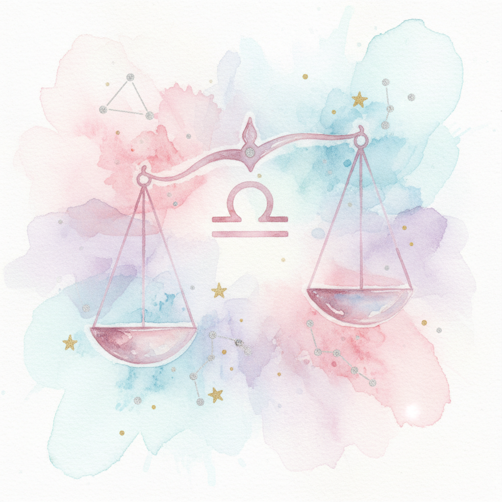 Watercolour Libra zodiac illustration featuring balanced scales with the Libra symbol, in soft pastel pink, blue, and gold tones.